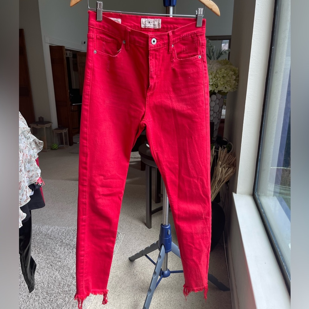 LUCKY BRAND BRIDGETTE SKINNY DENIM IN BEDFORD RED PANTS DISTRESSED FRAY HEM 4/27